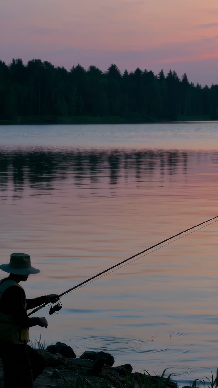 Memancing saat Matahari Terbenam di Danau yang Tenang