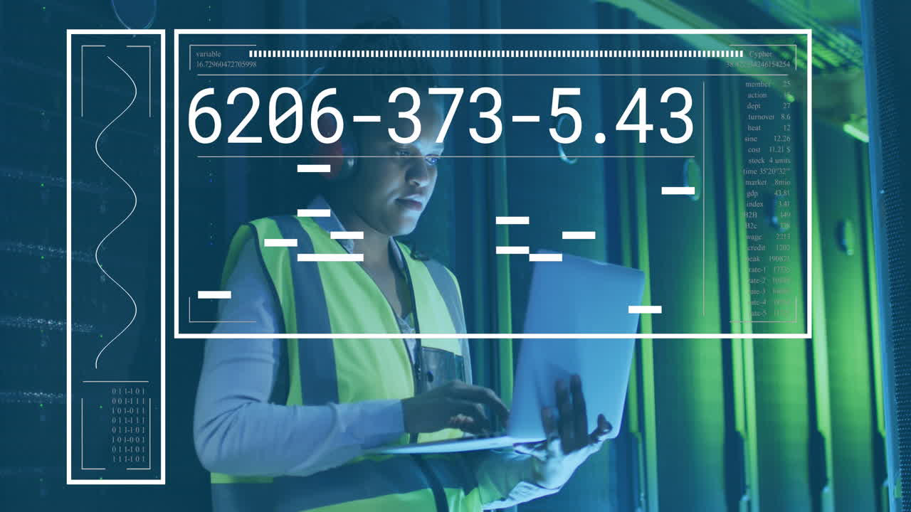 animación de números cambiantes, líneas, ingeniera afroamericana chequeando el servidor usando una computadora portátil