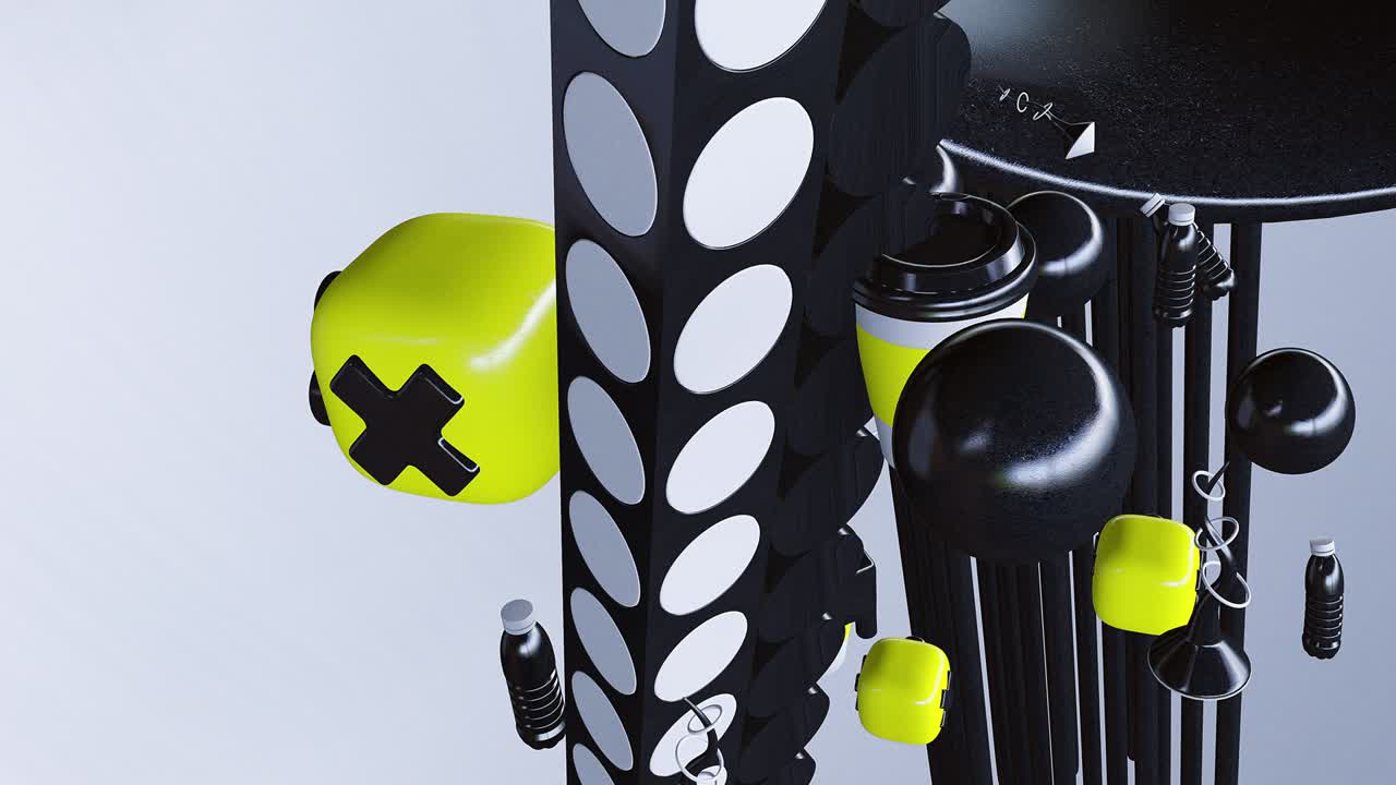 미니멀 3d 아트: 기하학적 디자인 공간에서 애니메이션 된 세련된 객체, 트렌디한 색상 조합, 루프 모션, 4k 비디오