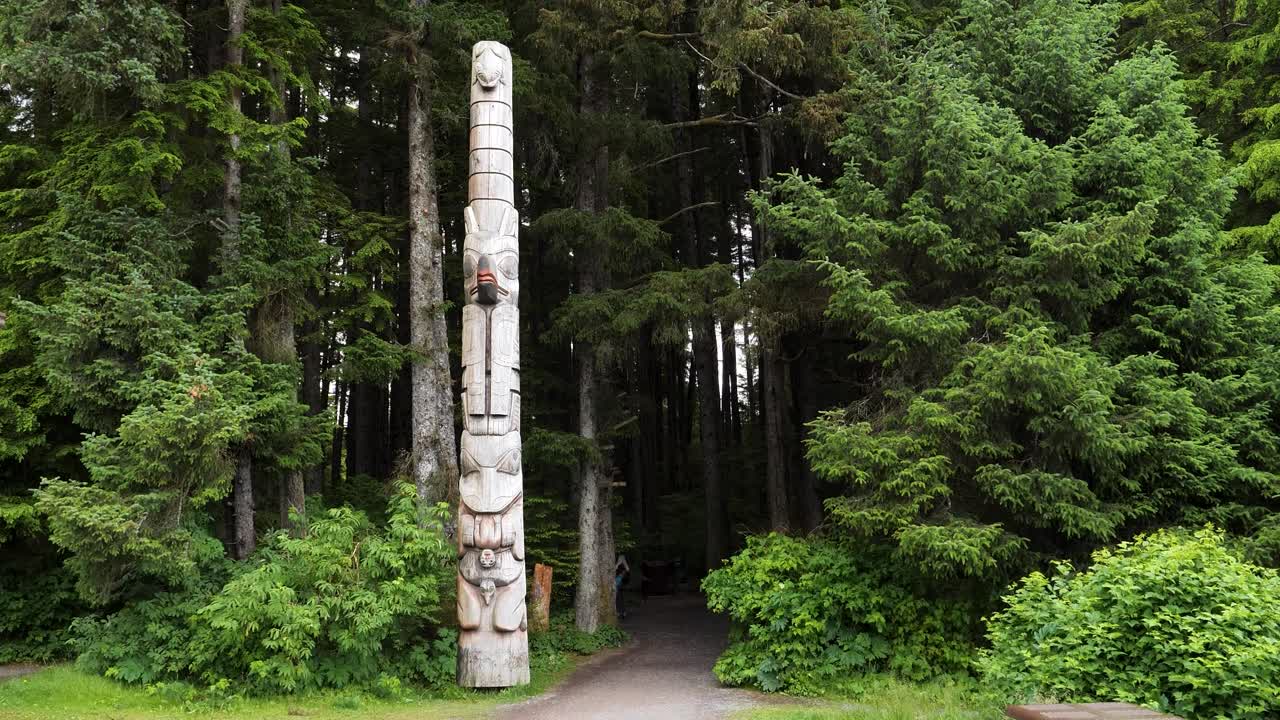 Sitka National Historical Park, Alaska.The park area has guided tours and a coastal walk featuring carved wooden totem poles.