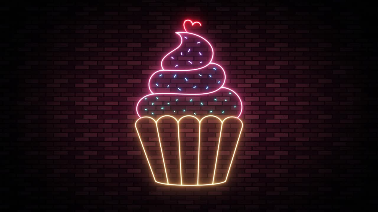 Cupcake al neon che brilla con raggi di luce dinamici