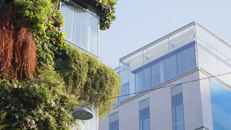 Crescimento verde exuberante de jardim vertical na lateral de um edifício de apartamentos em Estocolmo.