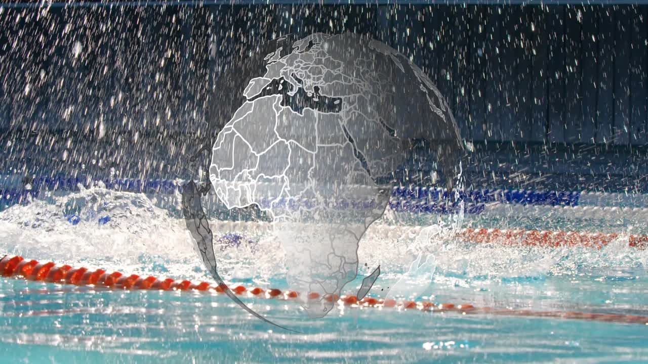 Nuotatore che alza la testa e prende fiato attivando una grafica a globo 3D e mostrando analisi sportive