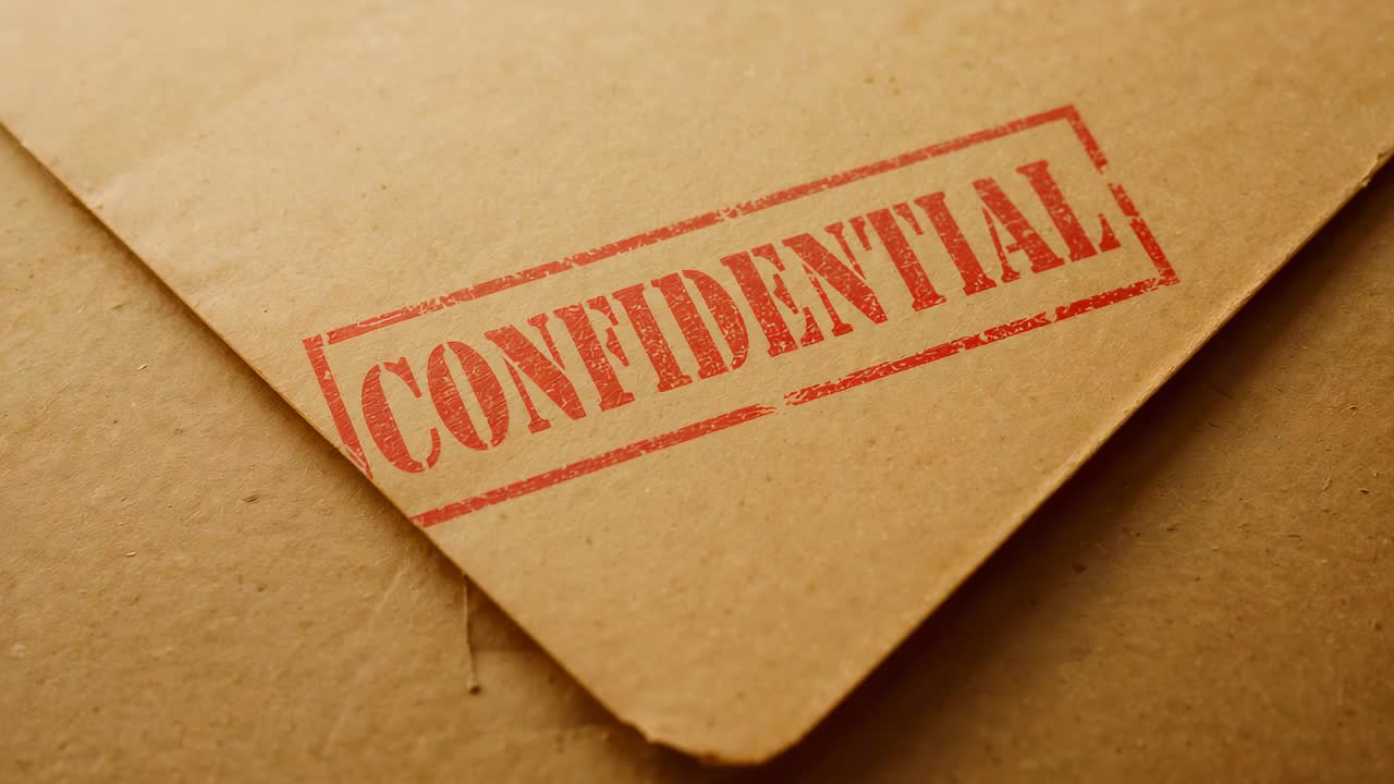Moving camera performing reframing and focusing on envelope at desk, revealing CONFIDENTIAL stamp