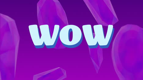 wow text animation over purple background with floating crystals