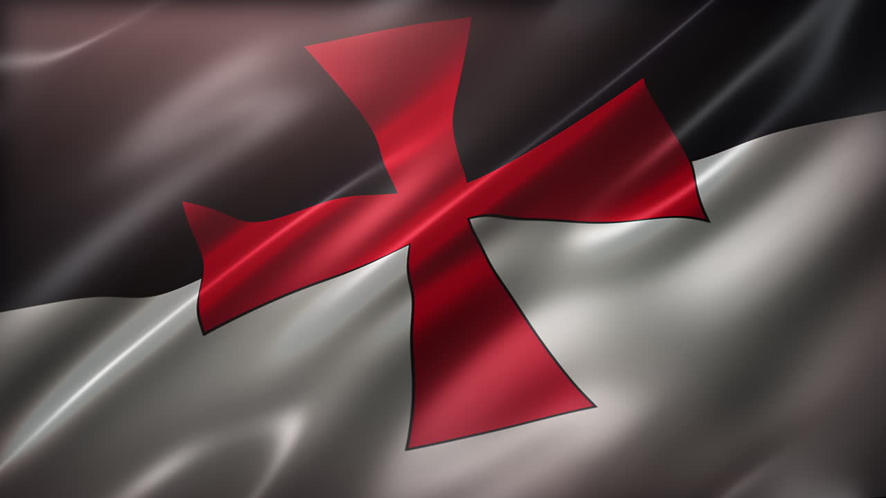 The Flag of the Knights Templars, perspective view, high-angle, glossy, elegant silky texture, waving in the wind, movie-like look, realistic 4K CG animation, slow-motion fluttering, loop-able