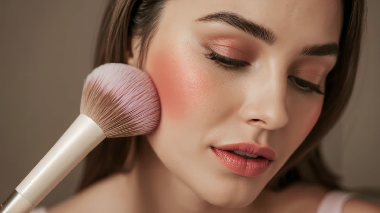 Applying model in strap-top blending blush on cheek after brush contact in studio, softening color