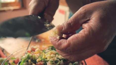 las manos se cierran con un cuchillo para cortar el ajo en trozos muy pequeños para agregarlo a la ensalada