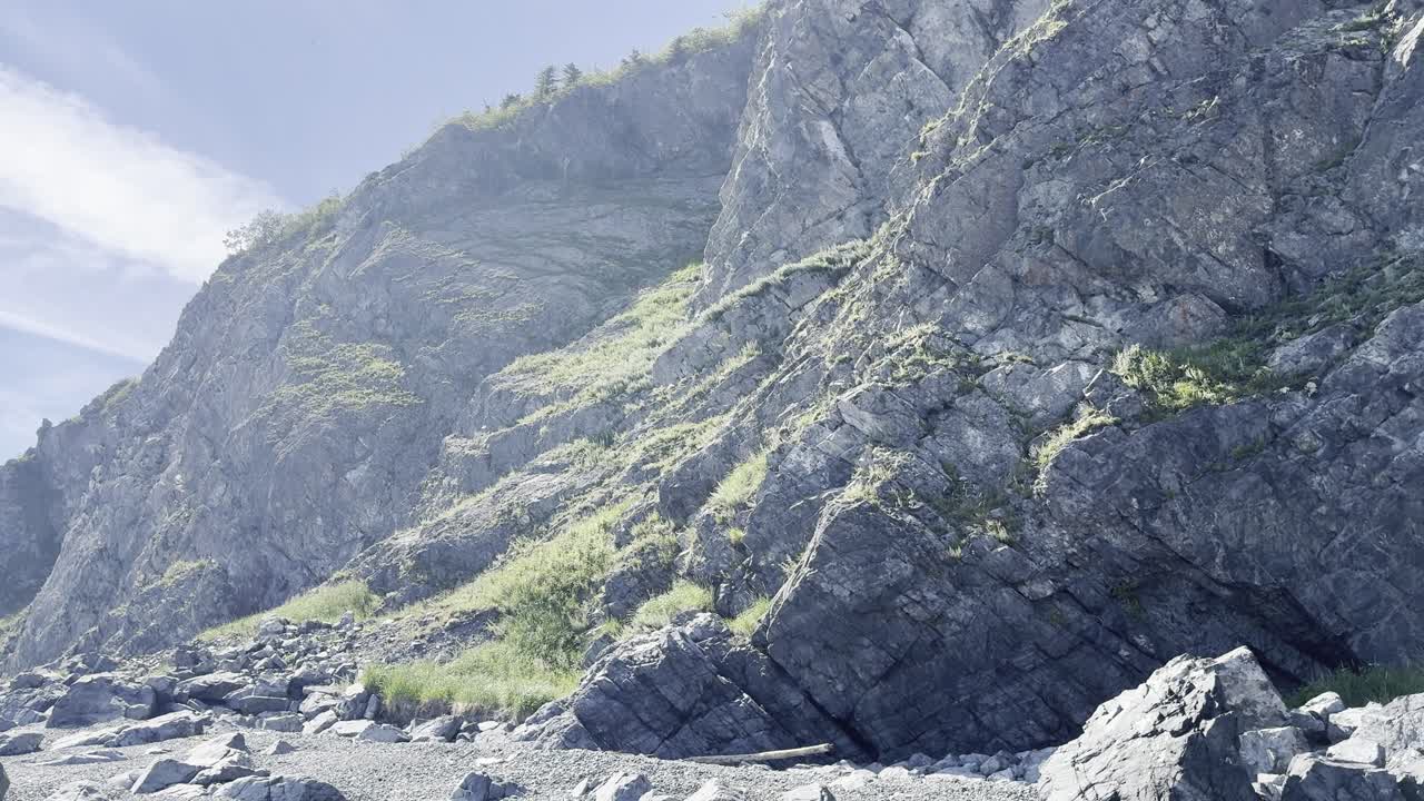 Dramatic coastal cliffs meet the rocky shoreline under a clear sky