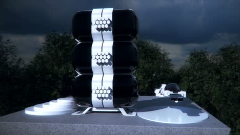 una casa futurista con un coche volador.