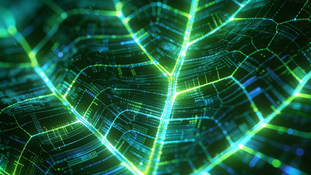 Pulsing leaf vein network propagating traces after central vein pulse in CGI macro, neon particles