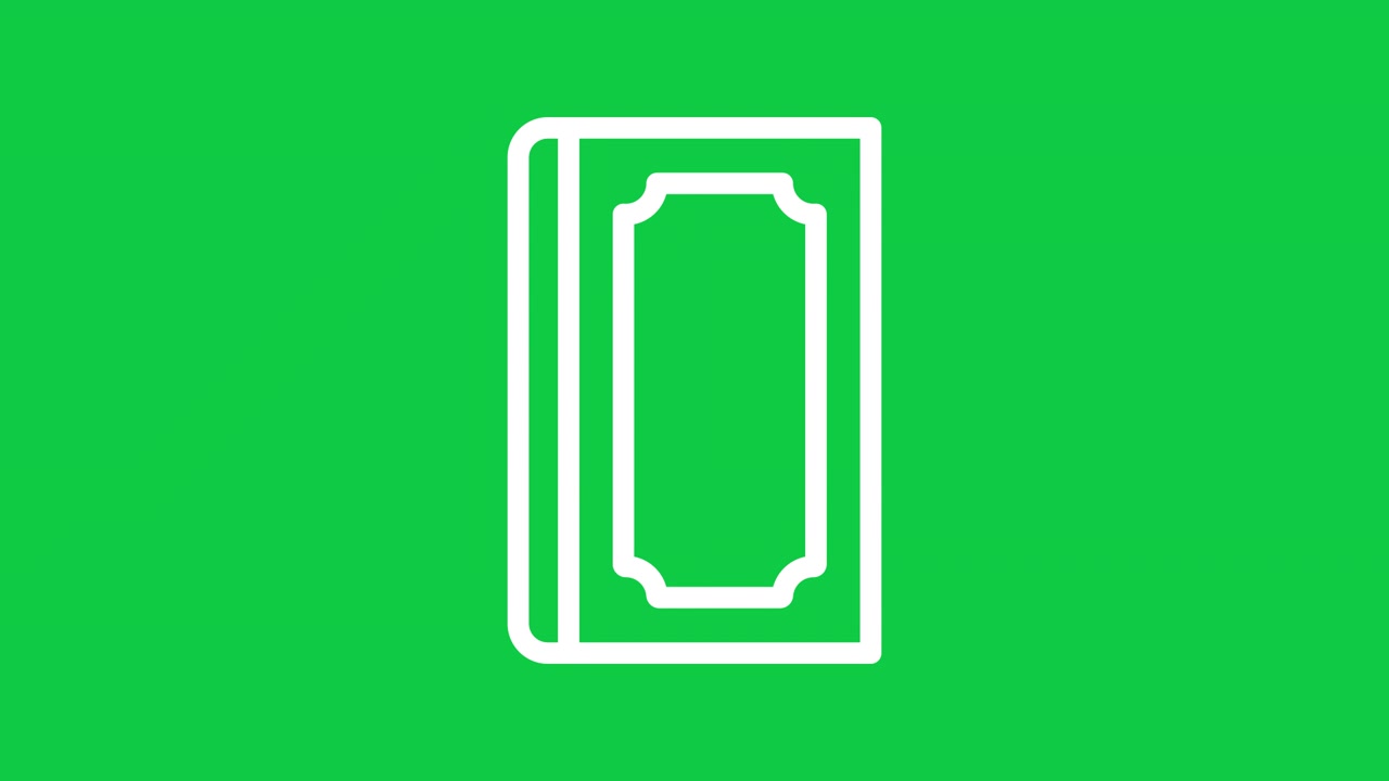 Animated White Line Art Icon of a Closed Book on Green Screen