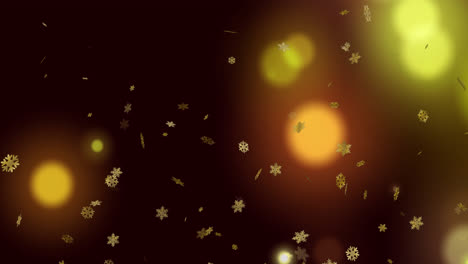 Animation-Von-Fallenden-Goldenen-Weihnachtsschneeflocken-Mit-Defokussierten-Gelben-Lichtern-Auf-Schwarzem-Hintergrund