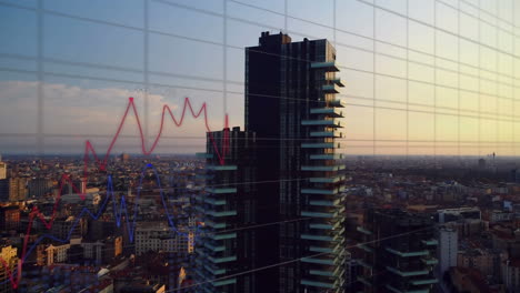 animación de la línea roja y procesamiento de datos financieros sobre el paisaje urbano