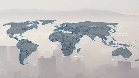 Animation-of-world-map-and-data-processing-against-aerial-view-of-cityscape