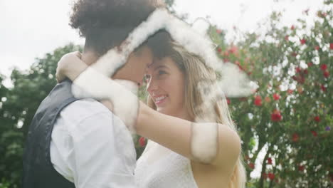 Animación-De-La-Casa-De-Las-Nubes-Sobre-Una-Feliz-Pareja-Diversa-Abrazándose-En-El-Jardín-El-Día-De-La-Boda