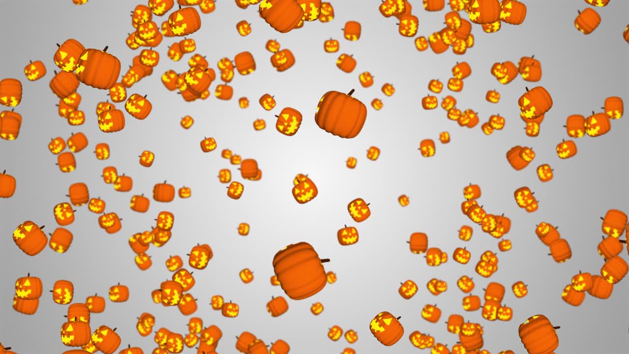 Stock video of halloween spooky pumpkins flying and falling down 3d rain of pumpkin icons on orange