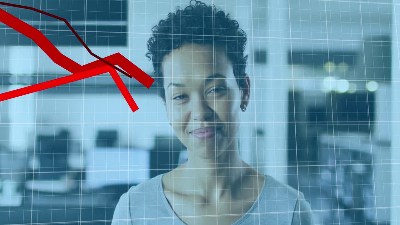 Animation of data processing over african american businesswoman smiling in office