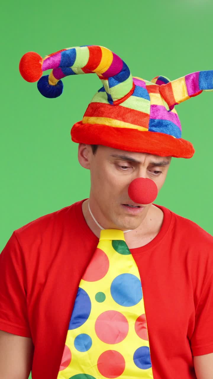 Clown in colorful costume displaying varied sad expressions