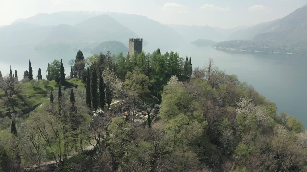 Medieval Castle with View of Lake Como in Italy, from a Drone