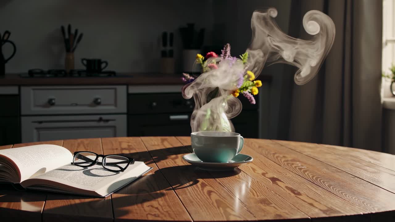 A cozy kitchen scene captured from a side angle, featuring a steaming cup, open book, and flowers