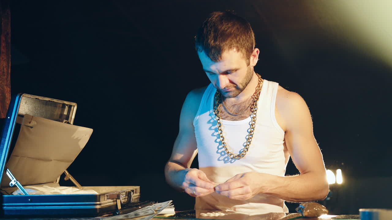 Young man sniffing cocaine on a mirror with a roll of banknotes. Abuse of drugs. Criminal business