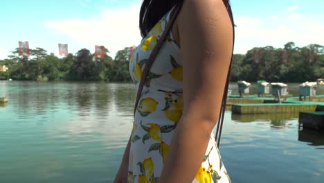 lento hacia arriba y hacia abajo pedestal de mujeres japonesas mirando hacia el lago