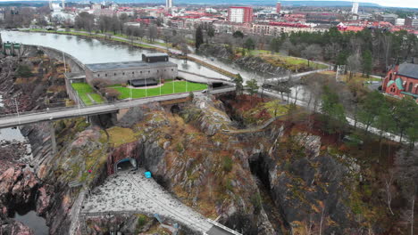 aerial view of king's cave and oscarsbron bridge over the gota river in trollhattan, sweden