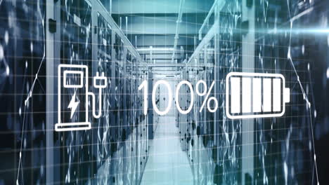 Animation-of-battery-charging-and-network-of-connections-over-server-room