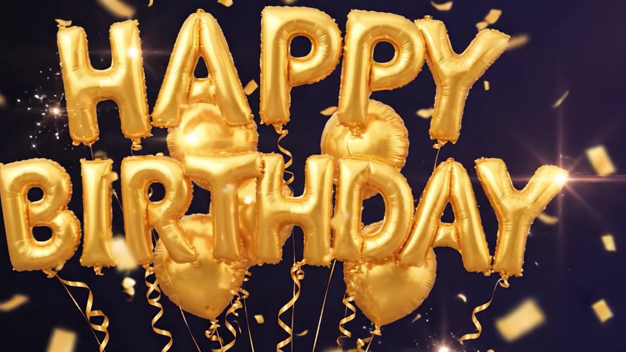 Una celebrazione di gioia e felicità: palloncini dorati che formano la scritta 'Buon Compleanno' creano un'atmosfera festosa piena di allegria ed eccitazione.