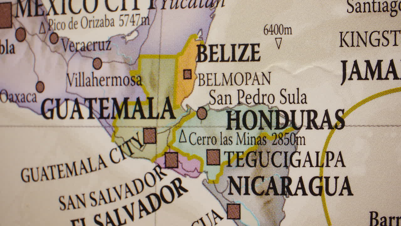 Close-up view of a map showing Central American countries
