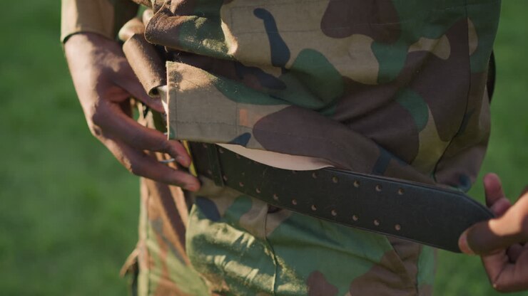 Personale militare che fissa attentamente l'attrezzatura, soldato in uniforme che stringe le cinghie in campo aperto, soldato vestito con abiti mimetici all'aperto che fissa attentamente la sua attrezzatura in posizione preparata