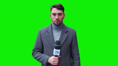 tv live news programme: caucasian male presenter reporting green screen chroma key screen picture. television cable channel anchor talks. network broadcast mock-up playback