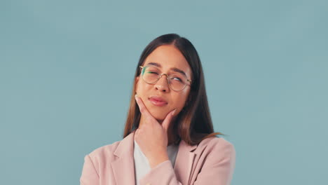Thinking, idea and business woman in studio