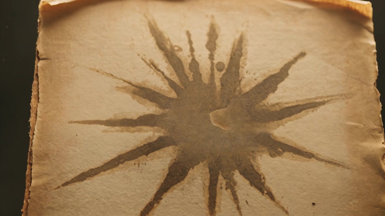 Mostra un lenzuolo invecchiato steso, con una macchia radiale che si deposita nelle fibre su un tavolo, con bordo cucito.
