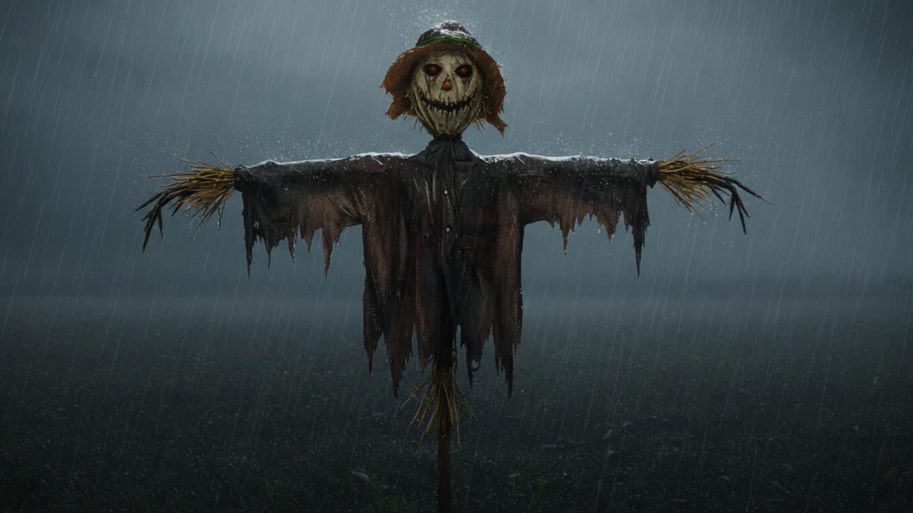 Una scena inquietantemente spettrale con uno spaventapasseri sinistro in piedi da solo in un campo inzuppato di pioggia, evocando una sensazione di terrore e mistero sotto un cielo minaccioso