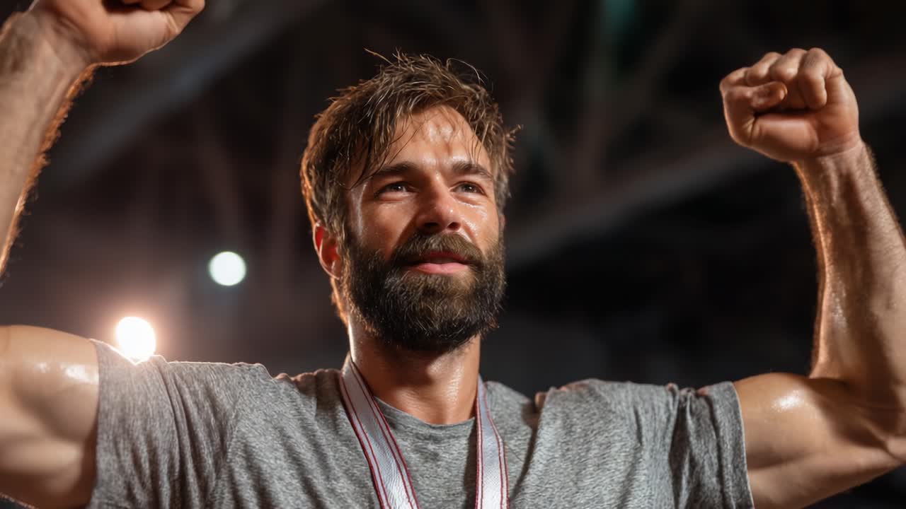 Triumphant Celebration: A Close-Up of an Athlete Exuding Joy and Achievement After Winning, Displaying Determination and Sportsmanship in a Moment of Glory
