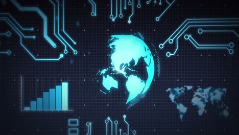 animation of scope scanning, processor elements, globe and data processing over grid