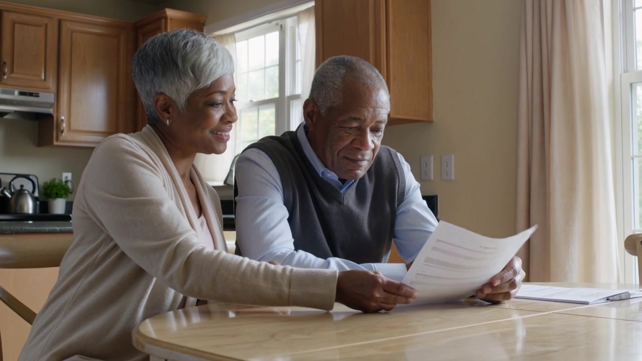 Sliding senior woman passing paper to man at kitchen table, wearing sweater, reviewing paperwork
