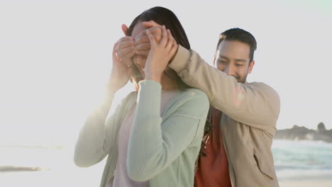 love, surprise and happy with couple at beach