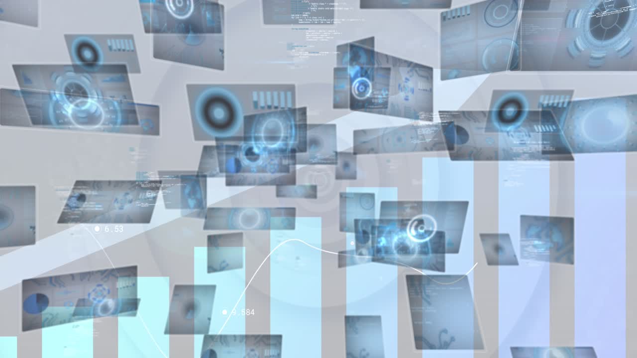 Animation of arrow and financial graphs over grey background with circles on screens