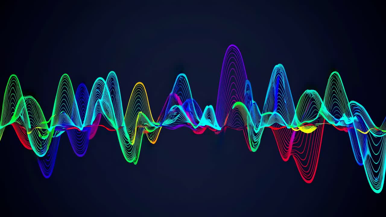 Colorful sound waves on a dark background, captured from a side angle