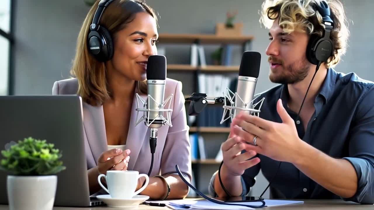 Two people are talking on a microphone