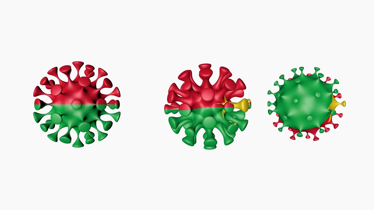animación en 3d del coronavirus 2019-ncov de burkina faso. la bandera de burkina faso en las esferas de bolas de virus covid-19, en fondo blanco. canal alfa