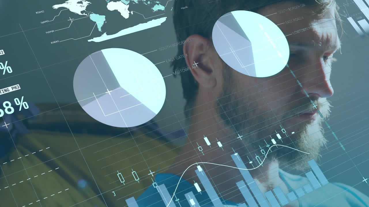 animación de la interfaz infográfica sobre el hombre caucásico pensativo en casa