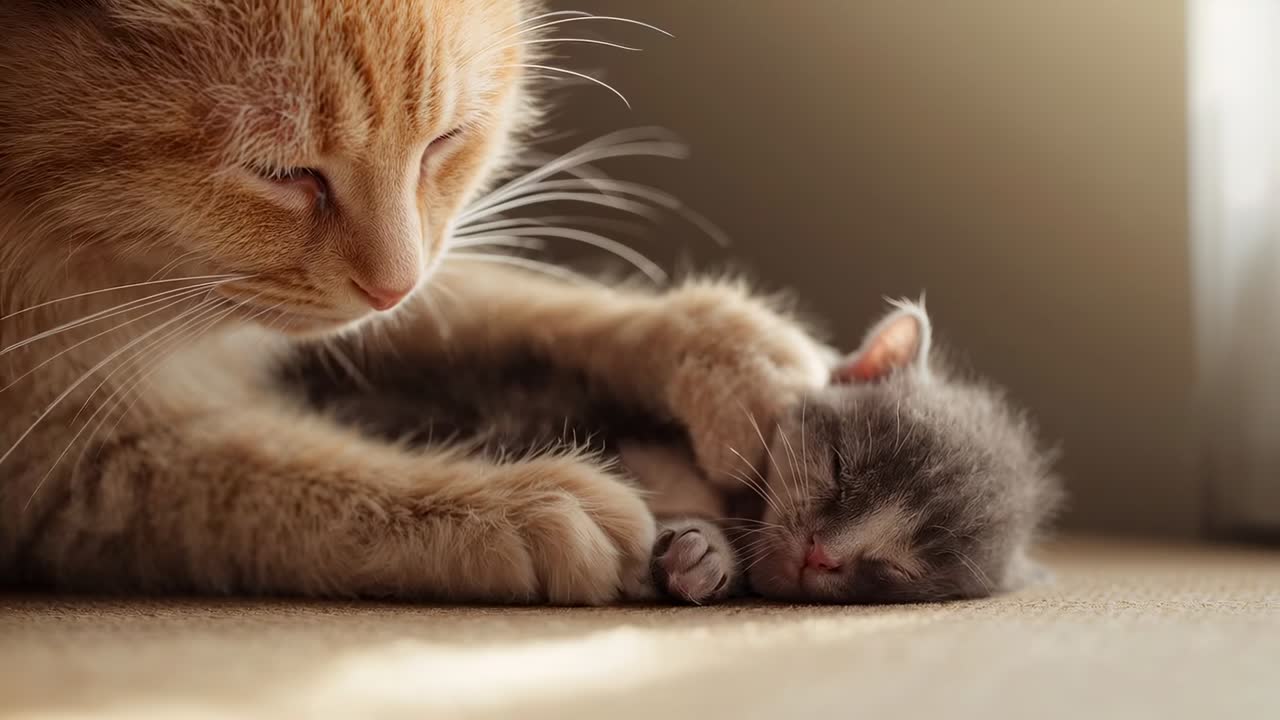 Gatto adulto arancione che si struscia e appoggia la zampa anteriore su un gattino grigio addormentato in casa vicino a una finestra illuminata dal sole