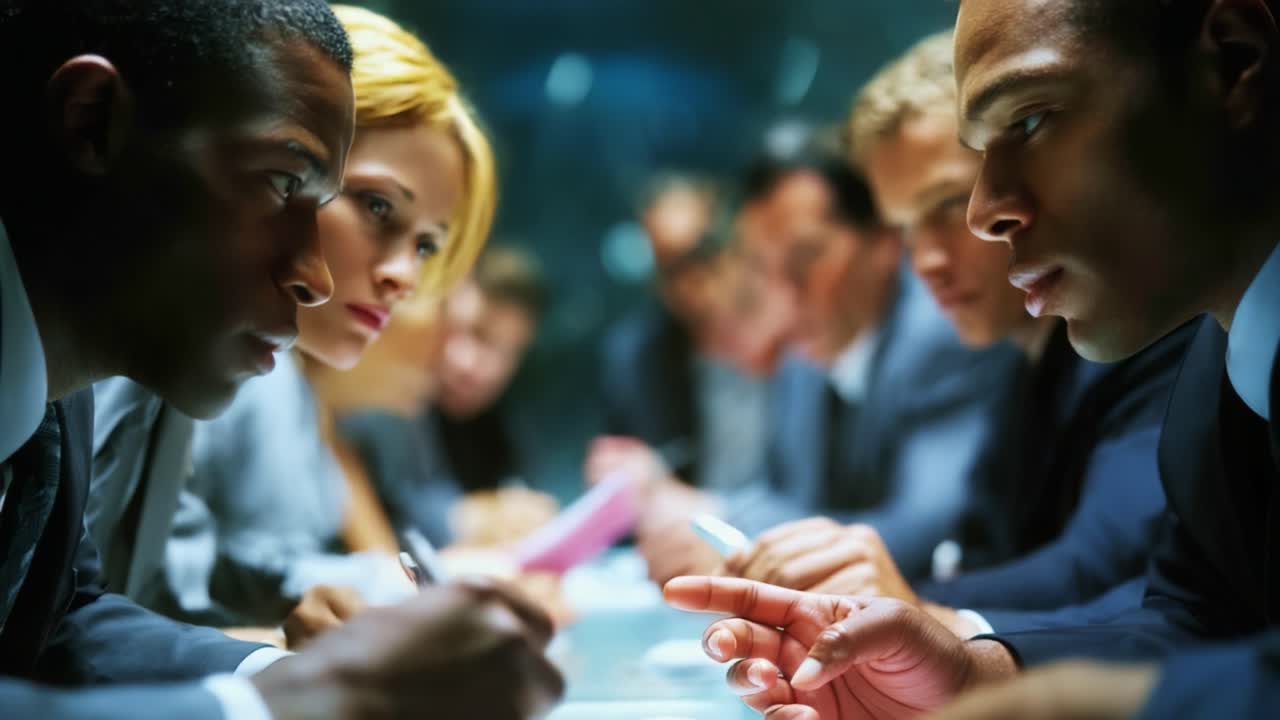 Intense Discussion in a Corporate Meeting: A Focused Exchange of Ideas Among Colleagues at a Conference Table in a Modern Office Setting