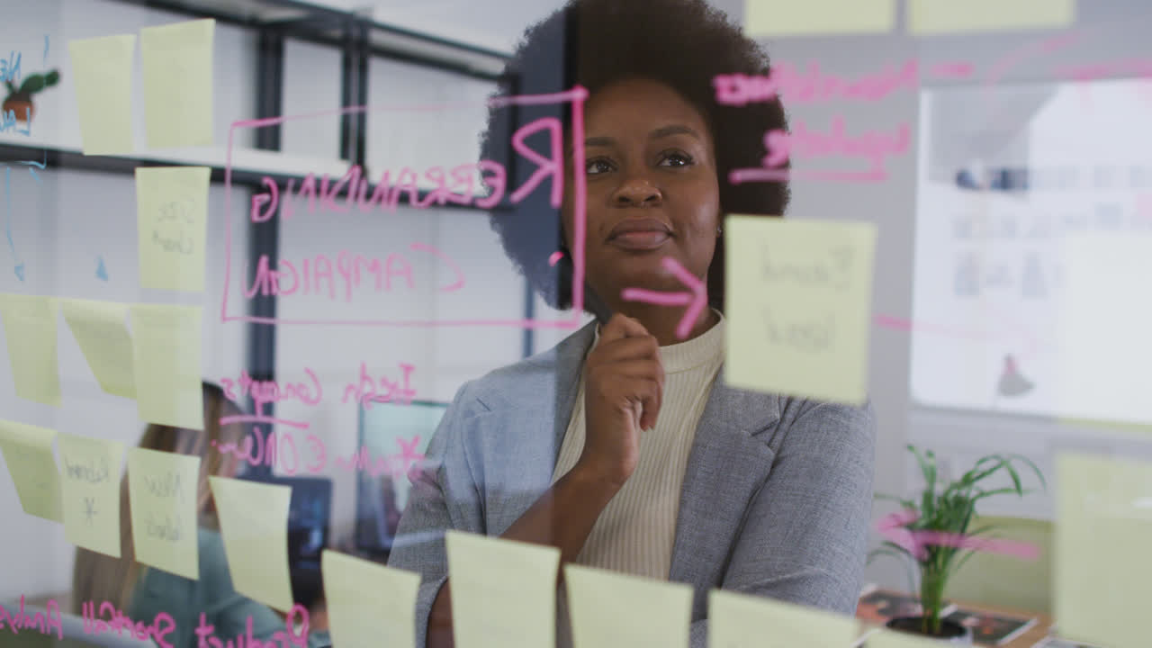 African american businesswoman brainstorming reading notes on glass wall in office and smiling