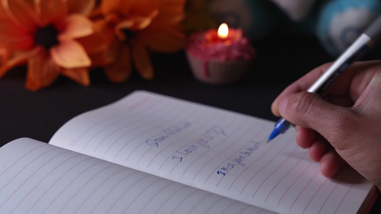 Close-up of hand writing a love message in lined notebook beside lit cupcake candle and orange flowers, warm low-key indoor lighting with soft bokeh