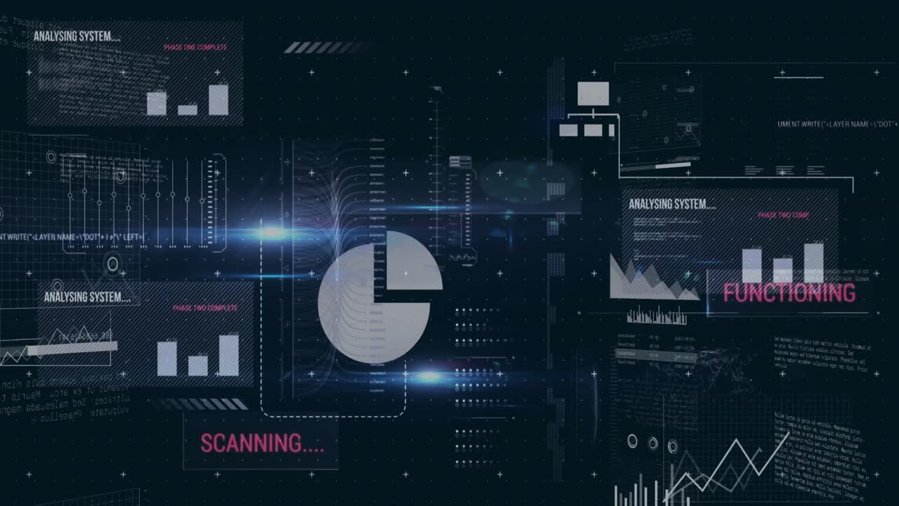 Animation of multiple icons over texts, graphs and computer language against black background